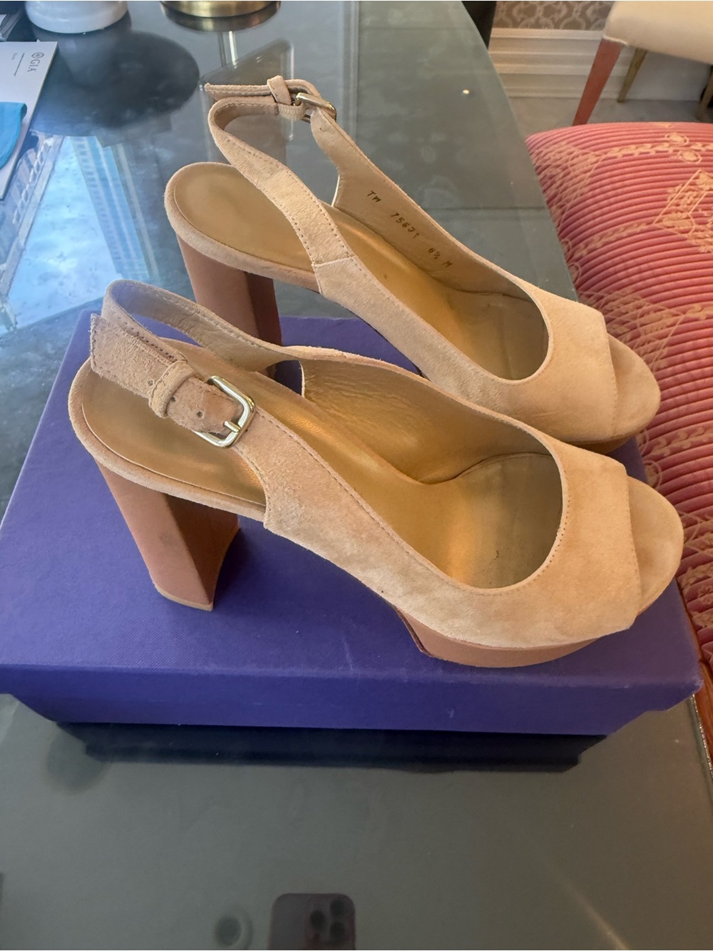 Stuart Weitzman Nude Suede Peep-Toe Slingback Block Heels